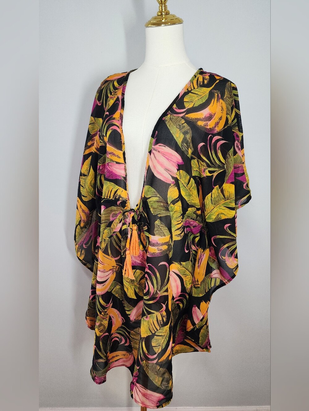 NWOT Swim Cover-Up Floral Print Deep V-Neck Beach Vacation Tassel Ties Size L